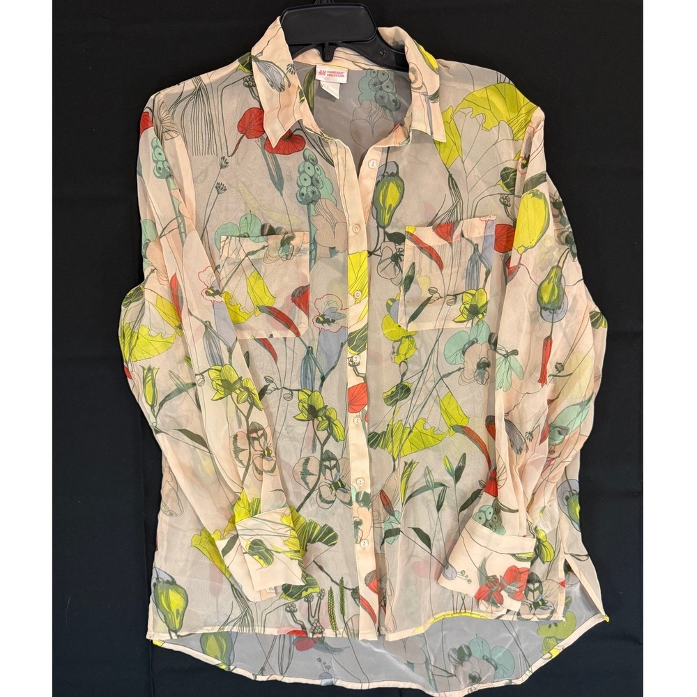H&M Conscious Collection Floral Sheer Button Down Blouse Peach Yellow Size 12